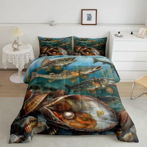 Miniatura 30 de Erosebridal Juego de edredón de ballena náutica, tamaño individual, juego de ropa de cama vintage azul con ondas oceánicas para niños y niñas