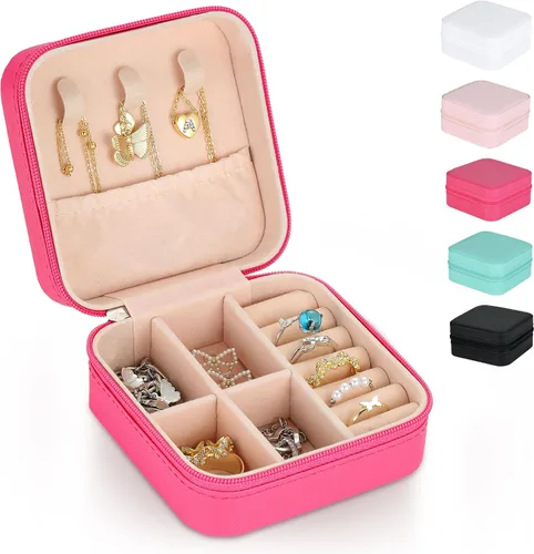 MJartoria Joyero de viaje, pequeñas cajas de joyería para mujeres y niñas, caja organizadora de joyas portátil de color rojo rosa con espejo,