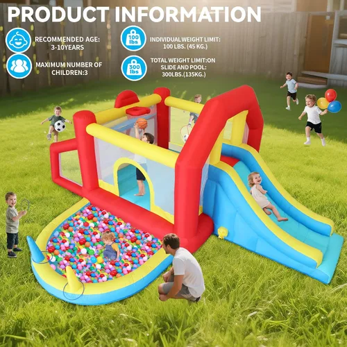 Miniatura 3 de Casa inflable de rebote para niños de 9 en 1 con tobogán alto, piscina de pelotas, juego de fútbol de habilidad, juego de sacos de arena
