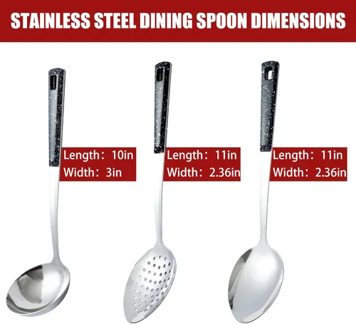 Miniatura 9 de Juego de 5 cucharas de servir de acero inoxidable, cucharas grandes para servir con cucharón y cuchara ranurada, cucharas de metal para cocinar