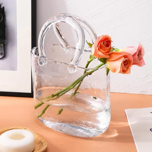 Fixwal Jarrón de Bolso de Vidrio para Flores, Jarrones Transparentes con Asa en Forma de Bolso, Jarrones Decorativos Únicos y Lindos en Forma de