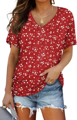 Miniatura 11 de WIHOLL - Camisetas de manga corta con cuello en V para mujer, holgadas, con fruncido lateral
