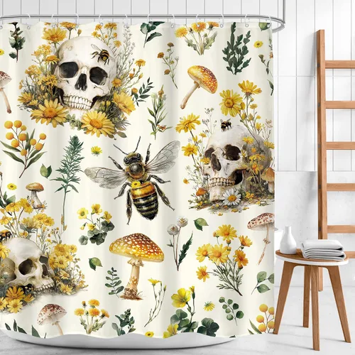 Miniatura 2 de Cortina de ducha gótica con calavera, 60 pulgadas de ancho x 72 pulgadas de alto, estilo rústico boho, con hongos amarillos, flores, abejas