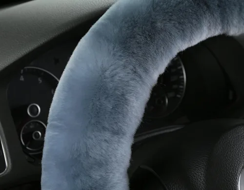 Miniatura 6 de U&M Funda para volante de automotor de lana auténtica, elastizada. Almohadilla protectora de volante de vehículo, de lana australiana, Gris azul