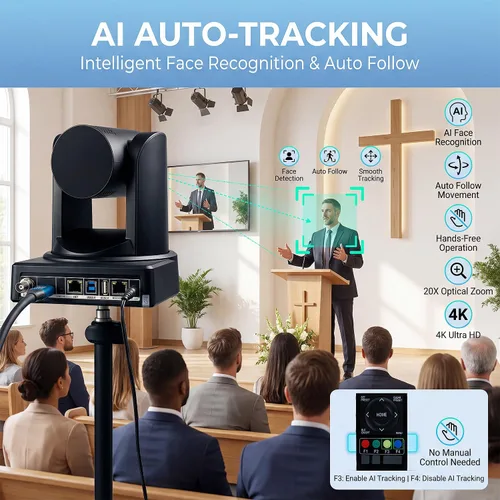 Miniatura 3 de Cámara PTZ 4K para sala de conferencias e iglesia, zoom óptico 20X, HDMI SDI USB LAN, cámara de seguimiento automático AI para transmisión en vivo