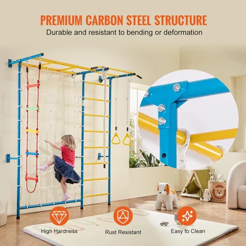 Miniatura 4 de VEVOR Gimnasio interior de la jungla para niños pequeños, juego de escalada 7 en 1 con escalera sueca de acero al carbono, escalera de pared, barra