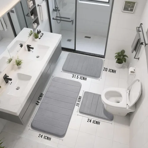 Miniatura 2 de Yimobra Juego de 3 tapetes de baño de espuma viscoelástica con alfombra de inodoro en forma de U, antideslizantes, súper suaves, absorbentes, de Gris