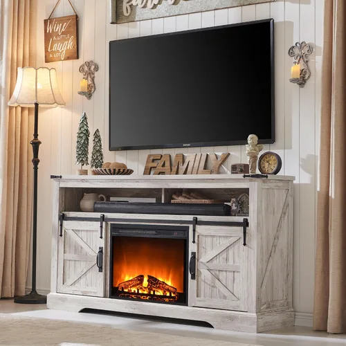OKD Soporte de TV con chimenea para TV de más de 65 pulgadas, centro de entretenimiento Highboy Farmhouse de 33 pulgadas de alto con chimenea