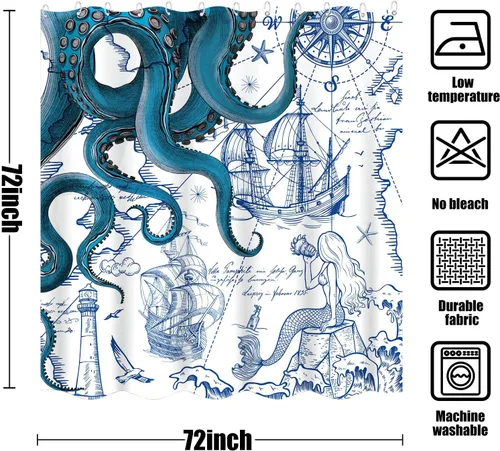 Miniatura 7 de Fungarth Cortina de ducha de pulpo náutico azul, sirena azul marino, divertida cortina de ducha estilo kraken del océano para baño, ancla fresca