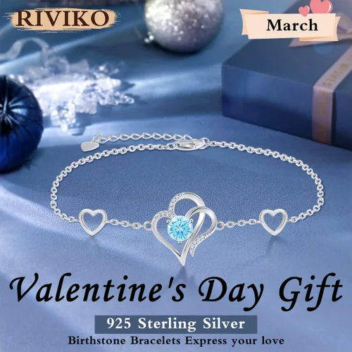 Miniatura 3 de RIVIKO Pulsera con dije de corazón de amor para mujer, plata de ley 925 con circonitas de piedra natal, eslabones ajustables para madre, esposa