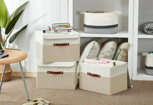 Miniatura 6 de DECOMOMO - Cubos plegables de almacenamiento con tapas, canastas resistentes de tela catiónica, cubos con asas, para organización de estantes, Beige