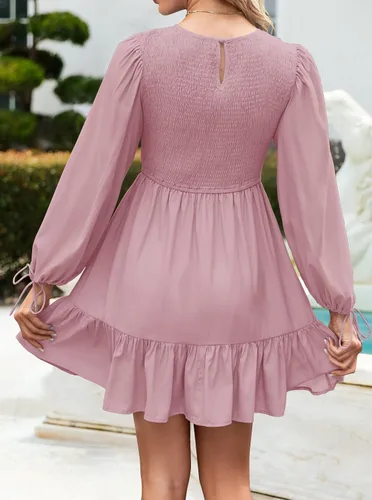 Miniatura 5 de ZESICA Women's 2024 Fall Dress Long Sleeve Smocked Casual Crew Neck Tiered Flowy Wedding Party Mini Dresses
