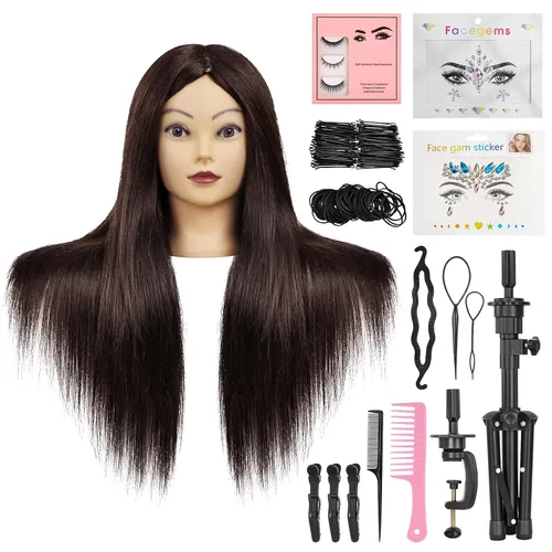 Miniatura 12 de Cabeza de maniquí 100% cabello humano, cabeza de maniquí de 18 pulgadas con cabello humano real, cabeza de muñeca cosmetología para peluquería