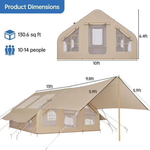 Miniatura 4 de Tienda de campaña inflable con bomba y 1/2 toldos, tiendas de campaña de aire para 8 a 14 personas para acampar adultos, tienda de campaña grande