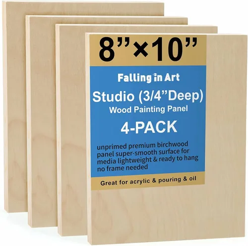 Falling in Art Kit de paneles de lienzo de madera de abedul sin terminar, paquete de 4 tablas de cuna de estudio de 8 x 10 pulgadas de profundidad