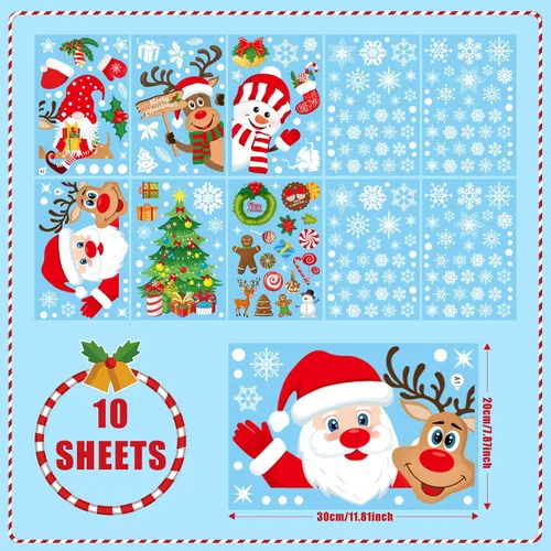 Miniatura 7 de Calcomanías navideñas para ventana, 267 unidades, reutilizables, de doble cara, impresas, autoadhesivas, decoración de ventana, Papá Noel, alce