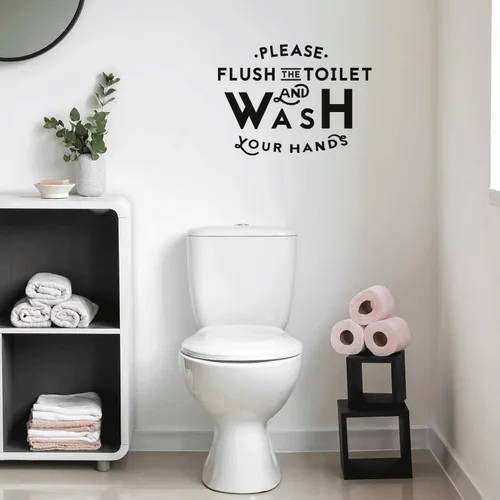 Calcomanía de vinilo para pared, diseño de texto en inglés «Please Flush The Toilet And Wash Your Hands», 16 x 22 pulgadas, letrero moderno de baño