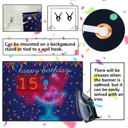 Miniatura 5 de Cartel de neón con texto en inglés «Happy 15» Birthday Girl Happy 15 Birthday Banner «Cheers to 15 años» de tacón alto, maquillaje para decoración