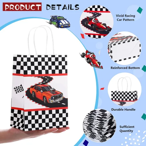 Miniatura 4 de 24 bolsas de regalo para fiestas de autos de carreras, bolsas de papel con asas para niños y niños, con temática de bandera de carreras a cuadros