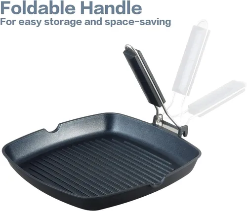 Miniatura 5 de S·KITCHN Sartén para parrilla con mango plegable, sartén antiadherente para estufas, sartén cuadrada compatible con inducción con boquillas