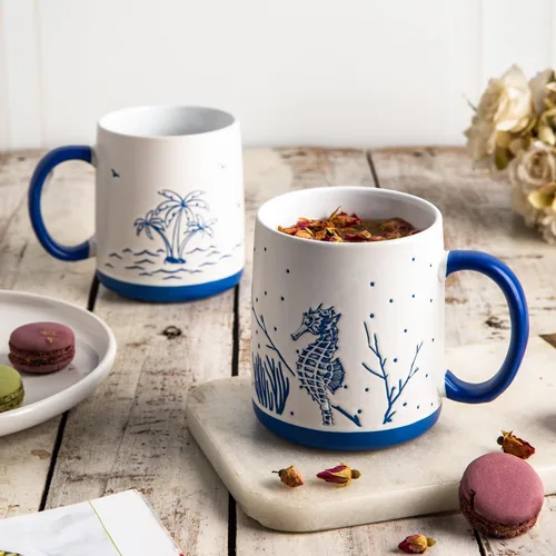 Miniatura 4 de AmorArc Juego de 6 tazas de café grandes de cerámica de 18 onzas con patrones texturizados de Sea Life para té, café con leche y cacao. Fácil