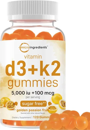 Micro Ingredients Gomitas de vitamina D3 K2, 120 unidades | 5,000 UI de vitamina D + 100 mcg K2 MK-7 | Suplementos para la salud ósea, inmunitaria y