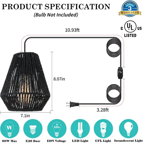 Miniatura 5 de Lámpara colgante enchufable, lámpara colgante con cable de 15 pies, interruptor de encendido/apagado, cesta de ratán tejida a mano negra, lámpara
