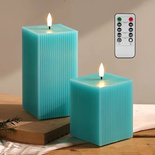 Miniatura 11 de Velas sin Llama Acanaladas Verde Oscuro con Control Remoto, Velas LED Cuadradas a Batería Juego de 2 Φ 3" H 4" 6