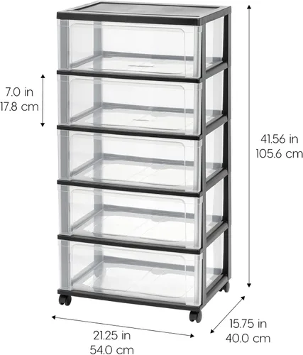 Miniatura 3 de IRIS USA Carrito rodante organizador de almacenamiento de cajones de plástico, con ruedas giratorias, 5 cajones, para suministros de arte y Negro
