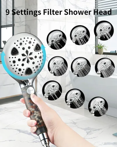 Miniatura 5 de Cabezal de ducha de mano con 9 modos para piel seca y cabello con boquilla de filtro de alta presión extraíble para limpiar azulejos, bañera
