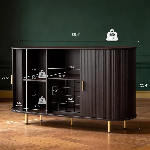 Miniatura 2 de DHH Gabinete de bar de vino de 55 pulgadas con almacenamiento, licor estriado y barra de café con estante para vino y soporte para vidrio, aparador