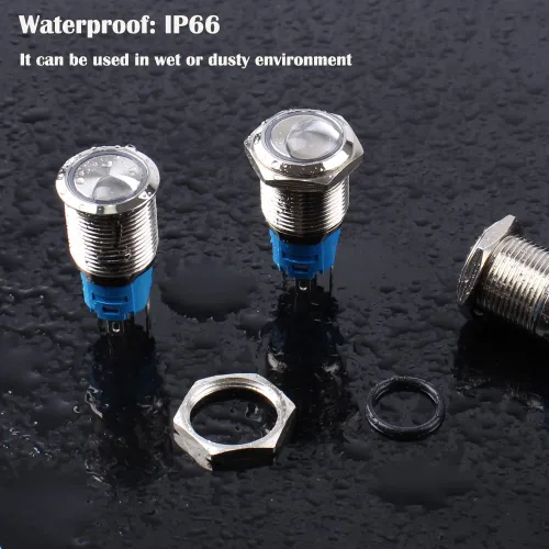 Miniatura 5 de 2 unids 0.630 in metal pestillo interruptor de botón 12V-24V ON-Off 5Pins 1NO 1NC con coleta para agujero de montaje de 5/8 pulgadas impermeable Azul