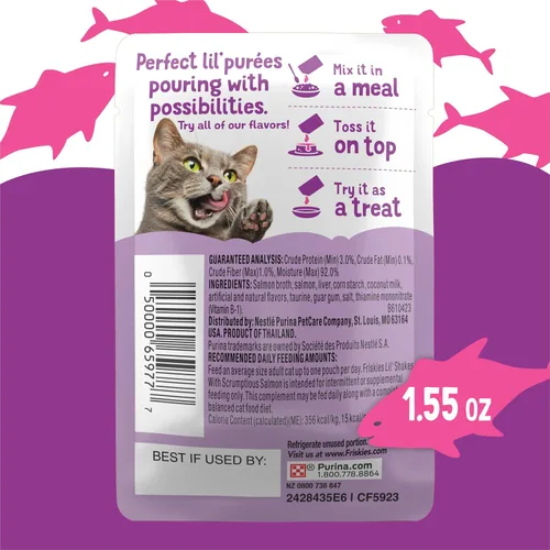 Miniatura 7 de Purina Friskies Complemento de Comida para Gatos en Puré, Lil' Shakes con Delicioso Salmón, Premios Lamibles para Gatos - (Paquete de 16) Bolsitas