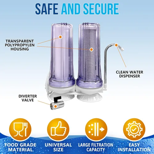 Miniatura 3 de El sistema de filtración de agua potable para encimera de 2 etapas elimina el cloro, la carcasa transparente y el suministro anual (2 extra) CTO