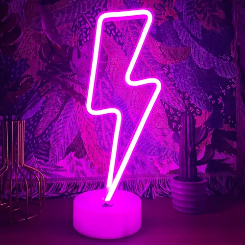 Letrero de neón de rayo morado con base para dormitorio, lámpara de trueno USB/batería, luz nocturna, decoración en forma de LED para escritorio,