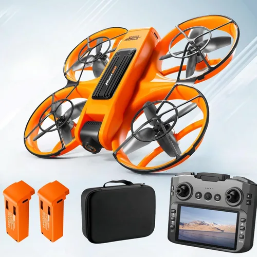Drone con pantalla grande de control remoto (12.5 cm), mini avión con cámaras duales, 2 baterías, giros de 360°, protección completa de hélice para