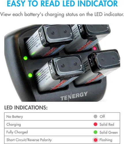 Miniatura 6 de Tenergy TN294 - Cargador de batería de iones de litio de 4 bahías y 9 V + 4 baterías recargables de iones de litio de 9 V y 600 mAh