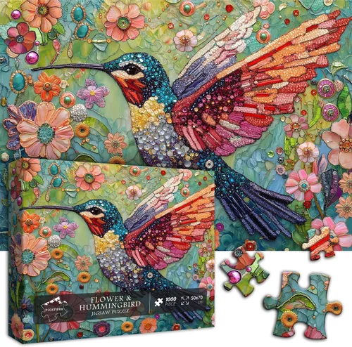 Miniatura 2 de Rompecabezas de Colibrí para Adultos 1000 Piezas, Rompecabezas de Arte de Aves de la Naturaleza, Flores y Joyas, Rompecabezas de Diamantes