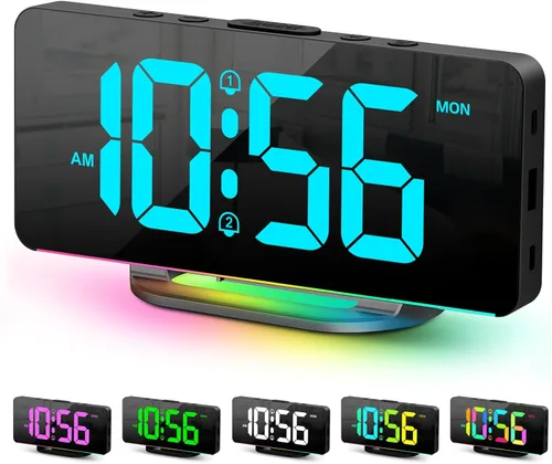 Reloj despertador digital, reloj LED digital grande para dormitorios con luz nocturna de 10 colores cambiantes, brillo ajustable, puerto de carga
