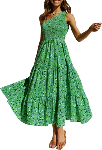 ZESICA Vestido largo midi de verano bohemio con estampado floral de un hombro, sin mangas, fruncido con volantes, escalonado, para playa