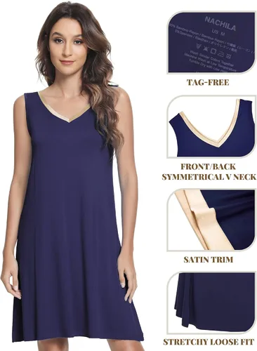 Miniatura 4 de NACHILA Camisones para mujer, viscosa hecha de bambú, sin mangas, camisón suave, camisón de satén con cuello en V