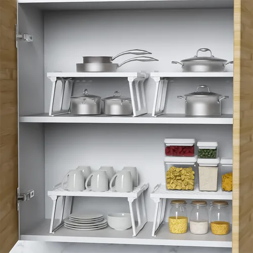 Miniatura 2 de ums Organizador de estante de plástico para armario de cocina, estante apilable de plástico blanco, estante elevador de estante, estante