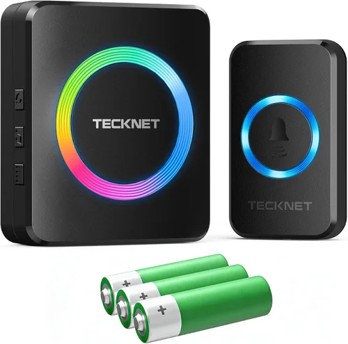 TECKNET Timbre inalámbrico, timbre de puerta de 0 a 120 dB, rango de batería de 1300 pies, timbres de aula IP66 impermeables, 60 campanadas y 5