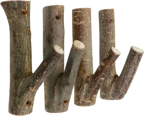 4 ganchos de pared de madera real con ramas de árbol de granja, rústico decorativo de madera con tronco de corteza de grosor de 0.8 in a 1.2 in con