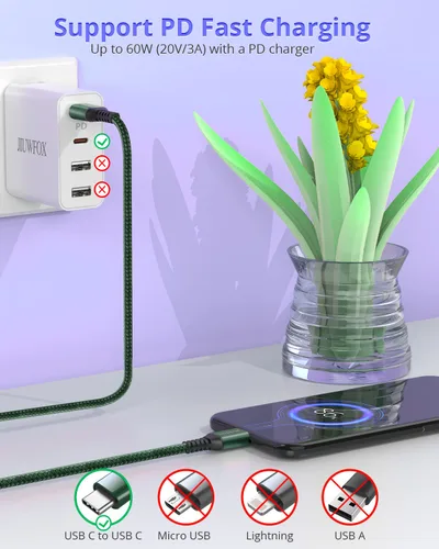 Miniatura 3 de JIUWFOX Paquete de 3 cables USB C a USB C de 10 pies de carga rápida de 60 W para iPad Pro/Air/mini, iPhone 17/17 Pro/17 Pro Max, Galaxy S25 S24 A56