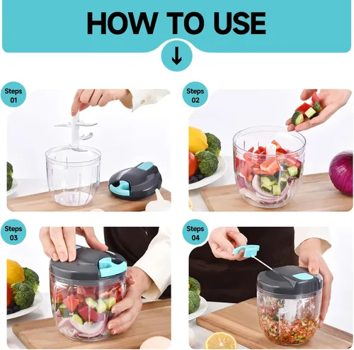 Miniatura 7 de Procesador manual de alimentos, picador de verduras, picador de ajo portátil con cuerda de mano, cortador de cebolla para verduras, jengibre, GBazul