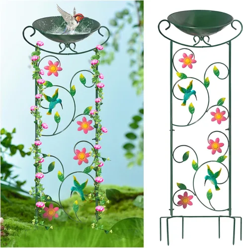 Miniatura 12 de HONGLAND Baño de metal para pájaros de 36.5 pulgadas con enrejado, baño para pájaros de jardín al aire libre con cuenco desmontable y soporte
