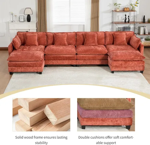 Miniatura 7 de Sofá modular naranja de 111.5 pulgadas, sofás seccionales grandes de 3 plazas para sala de estar, sofá nube de tela de felpilla de gran