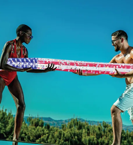 Miniatura 4 de POZA Flotador inflable de piscina de Estados Unidos – Lujosa tumbona divertida llena de confeti de estrellas plateadas brillantes, diseño de bandera