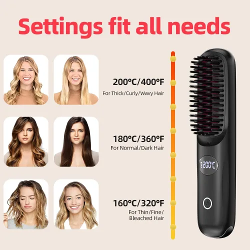 Miniatura 9 de Cepillo alisador de pelo inalámbrico para viajes, peine alisador de pelo portátil con mini cepillo caliente de iones negativos para mujeres